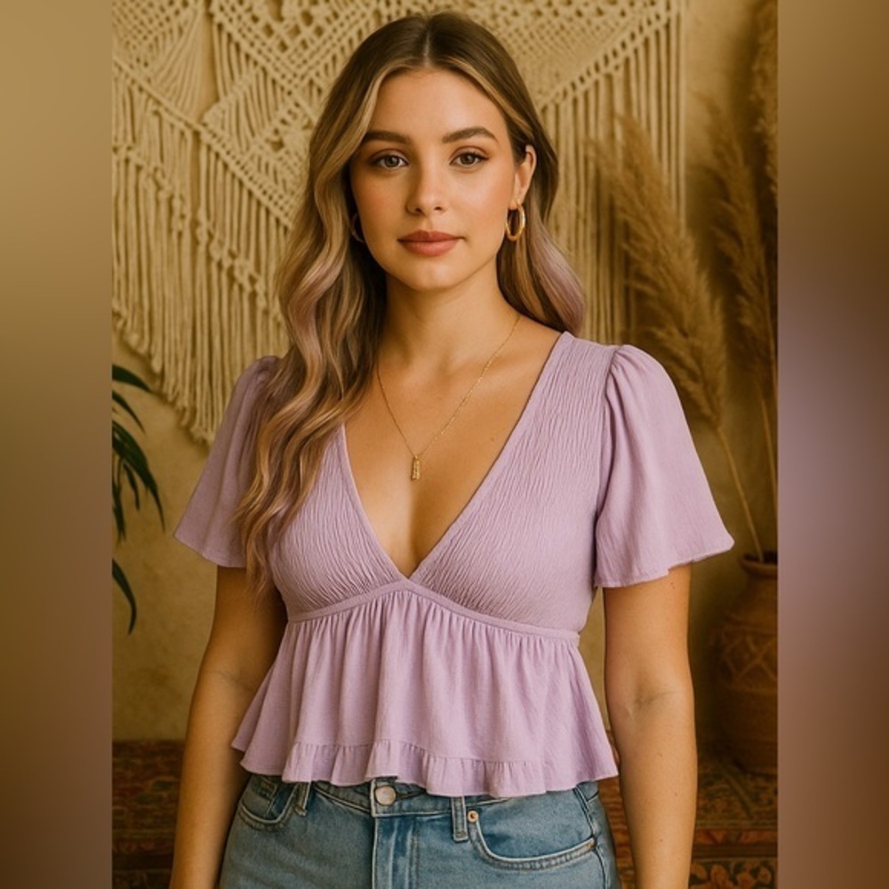 HYFVE Lavender Candy Purple Smocked Peplum Crop Top Puff Sleeve Open Back Size S